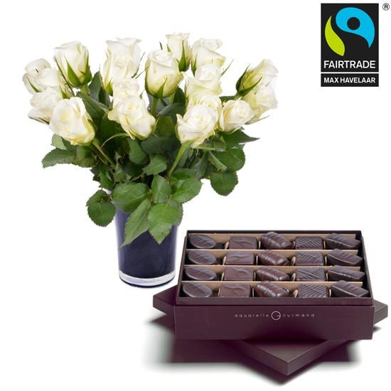 Dark chocolates + 20 white roses and a vase