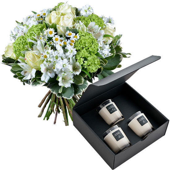 Three 70g scented candles and a white and green bouquet