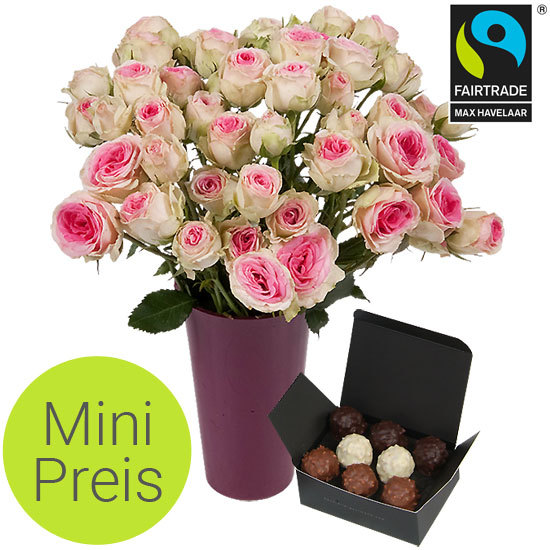 Mimi Eden fair-trade roses, a vase and rochers