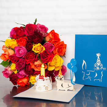 1 bouquet de roses multicolores + 1 carte 3D d'anniversaire