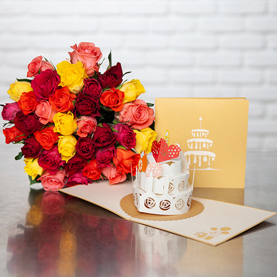 1 bouquet de roses multicolores + 1 carte 3D d'anniversaire