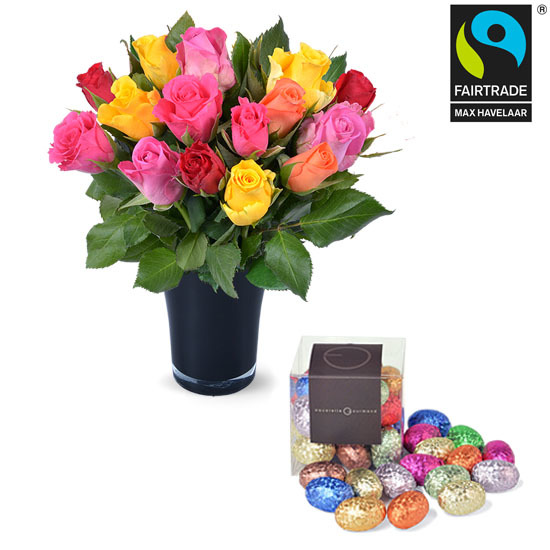 20 roses and vase with 20 mini Easter eggs 
