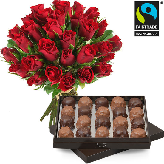30 Fairtrade red roses + 210g of rochers