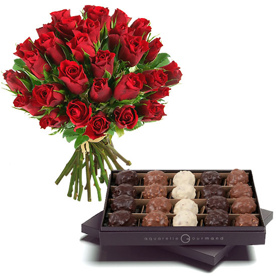 Bouquet of 30 red roses and 210g of rochers