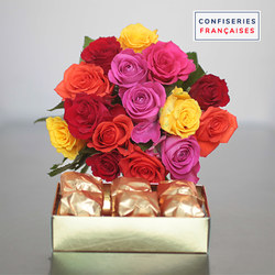 Bouquet de roses & marrons glacés – Cadeau gourmand et fleuri – Livraison fleurs rapide