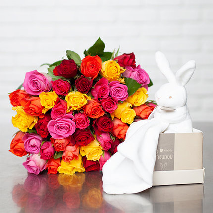 Bouquet Arlequin et doudou lapin