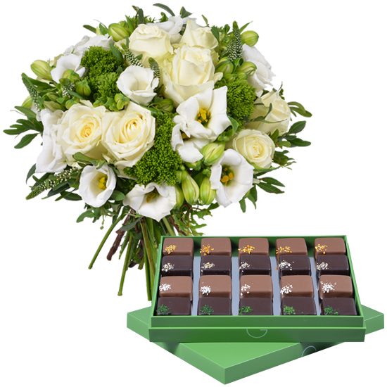 White and Green Bouquet and chocolates