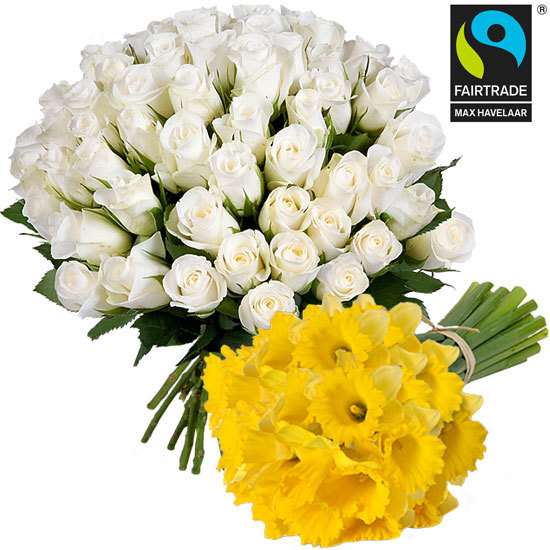 Bouquet de roses blanches et 30 jonquilles