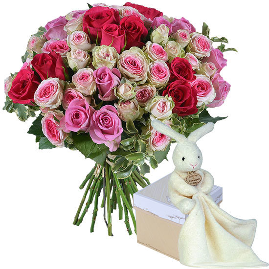 Romantic roses and cuddly rabbit