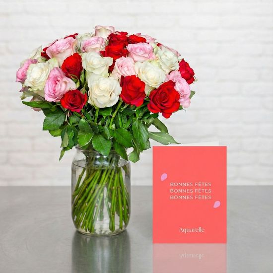 Bouquet de roses & carte Joyeuses Fêtes Roses responsables pour Noël