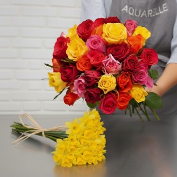 Bouquet de roses Arlequin et 20 jonquilles offertes