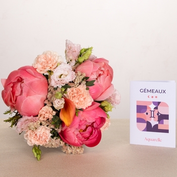 Bouquet Gémeaux – Bouquet astrologique élégant aux pivoines et cala | Aquarelle