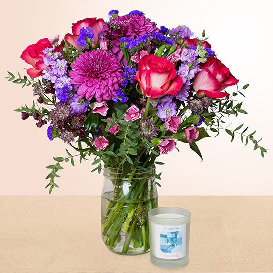 Coffret Zodiaque Scorpion – Bouquet de fleurs et bougie parfumée 175 g | Aquarelle 2