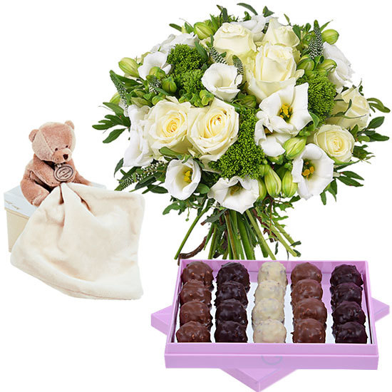 Bouquet, chocolate rochers and cuddly teddy