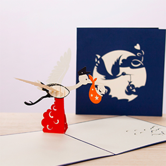 Carte naissance 3D - cigogne bleu 