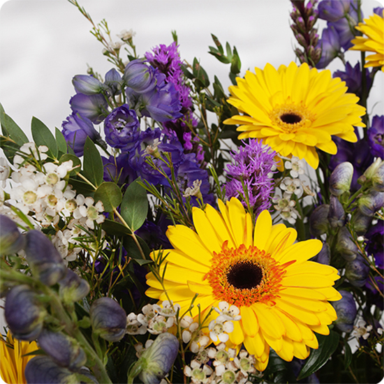 Coussin avec des gerberas et du delphinium dans les tons jaunes et violets 2