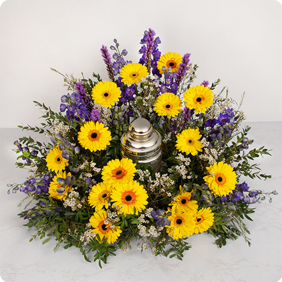 Cushion with gerberas and delphinium in yellow and purple tones 2