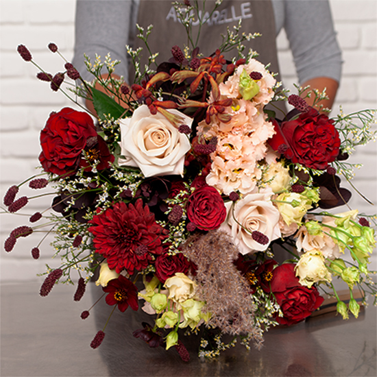 Bouquet luxe d’automne bordeaux – Fleurs de saison élégantes – Livraison fleurs rapide