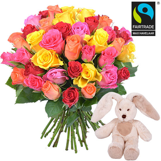 Colourful roses and a cuddly, floppy-eared rabbit