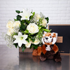 Majestic white bouquet and the red panda comforter