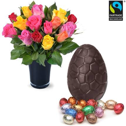 Dark chocolate Easter egg and roses