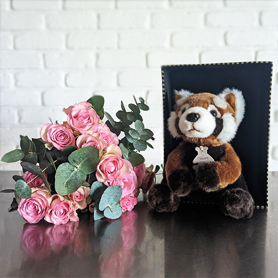 Bouquet de roses et doudou panda