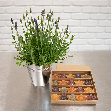 A pot of lavender and fruit jellies
