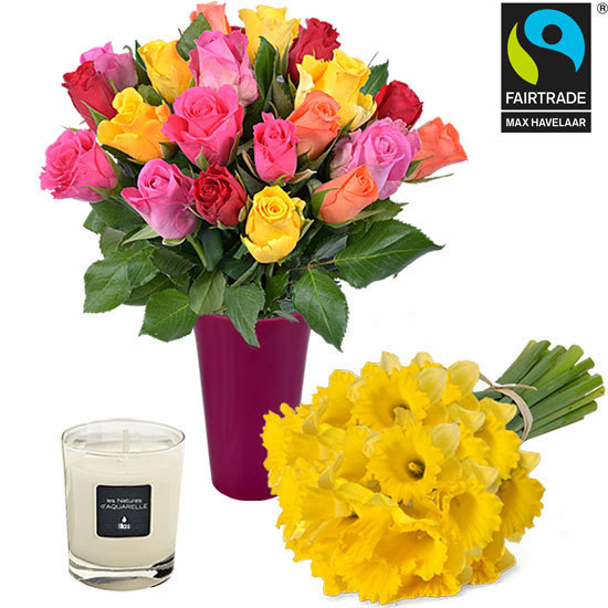 20 roses, a vase and a scented candle plus daffodils