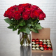 Red roses 'Madame Red' and box of hearts