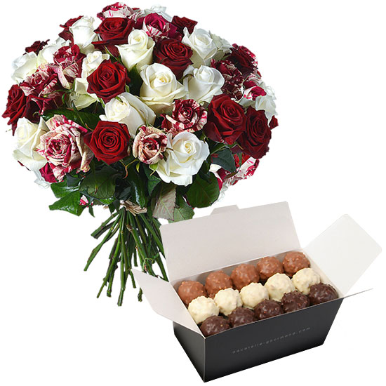 Send rochers and a bouquet of white and red roses