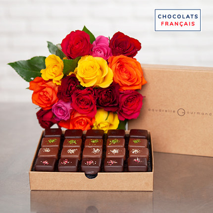 A box of pastry chocolates + 1 bouquet of 15 roses