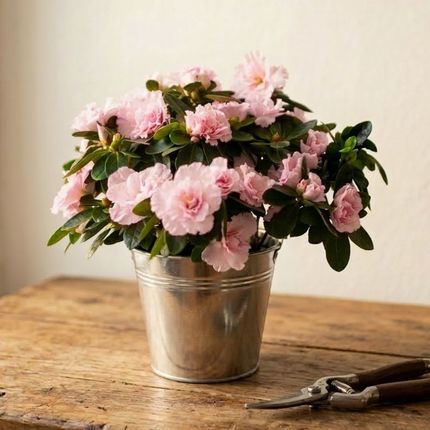 Zachtroze azalea in pot Elegante bloeiende plant met sierpot
