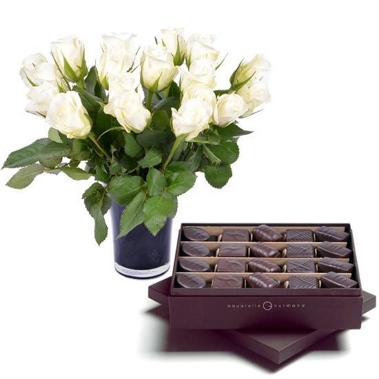 Dark chocolates + 20 white roses and a vase
