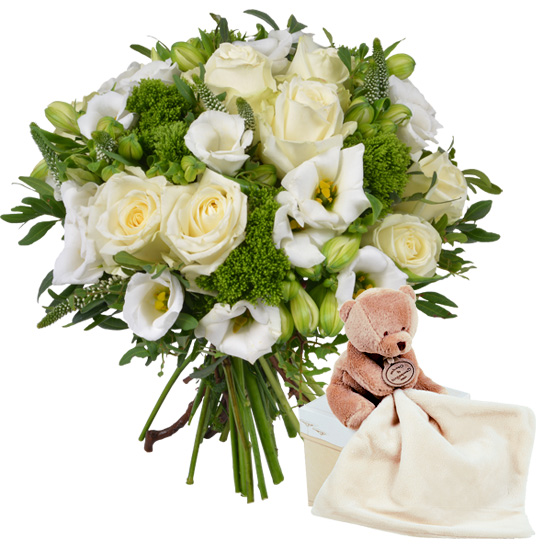 Offer a white and green bouquet with a cuddly bear