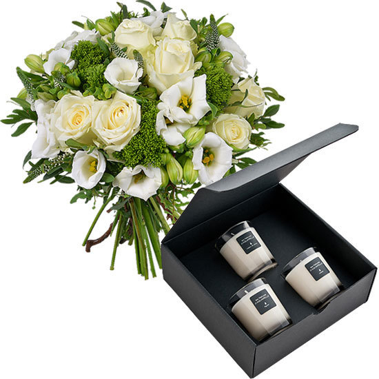 Three 70g scented candles and a white and green bouquet