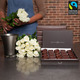 Dark chocolates + 15 white roses and a vase