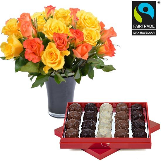 Poppy red box of rochers + 20 yellow roses + a vase