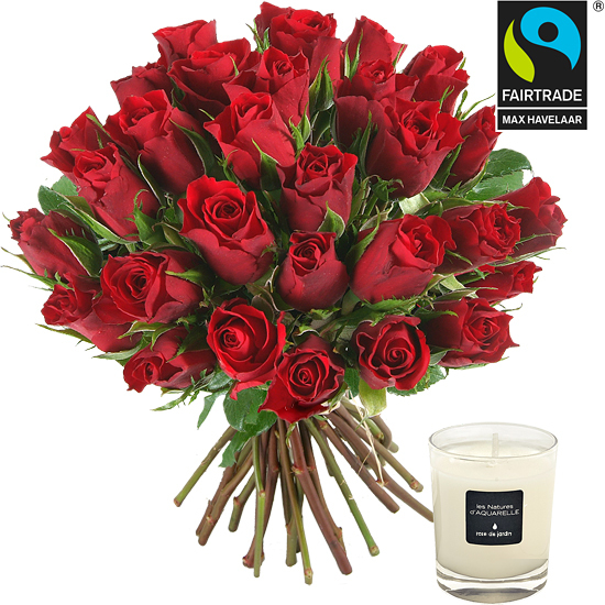 Fairtrade red roses and a candle